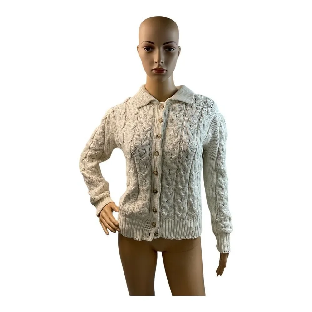 J.G. Hook Women’s Vintage Beige 100% Cotton Cable-Knit Cardigan Sweater Size M. - Picture 2 of 13